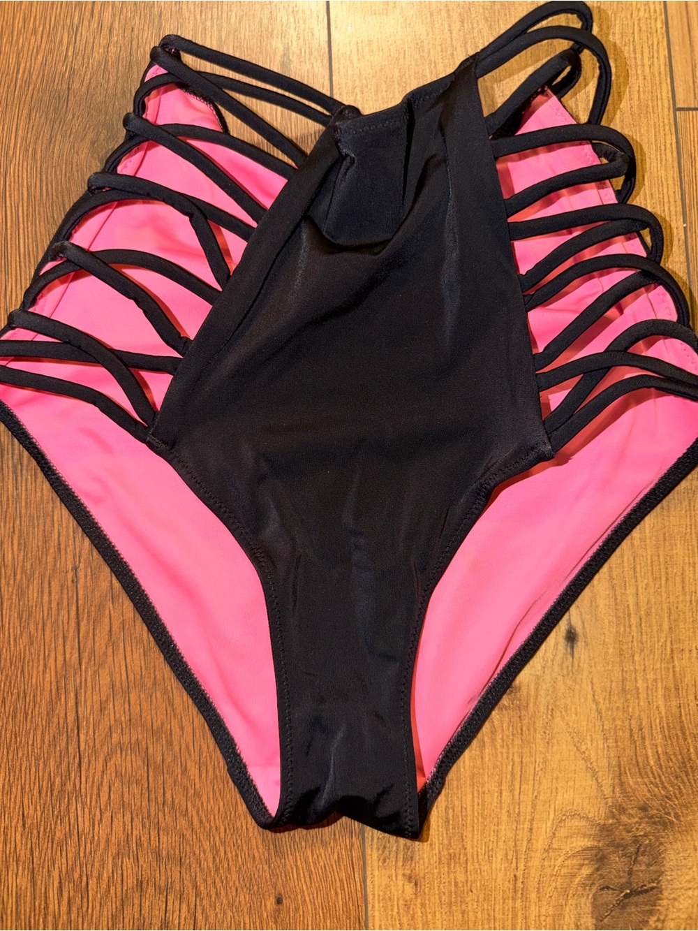 PINK Victoria's Secret Black and Hot Pink Strappy One-Piece Swimsuit